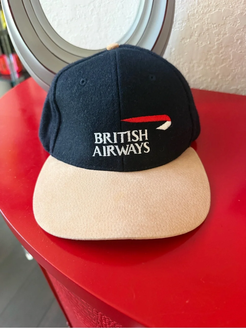 Vintage British Airways Hat Cap Embroidered Wool Snapback Navy Tan Suede